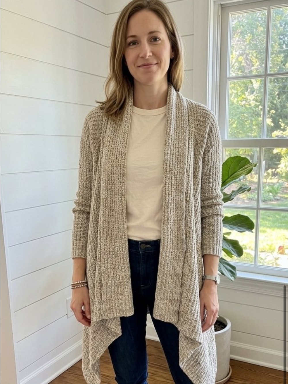 Pink Rose Open-Front Draped Cardigan - Beige Heather